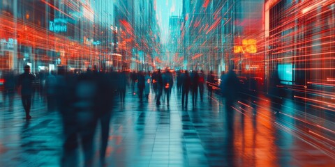 Aufkleber - Blurred image of a city with neon lines connecting people and devices, representing digital communication and tech network