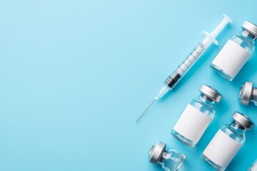 Wall Mural - Medical bottles and ampoules with vaccines and syringes on a blue background