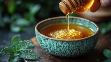 Poster - A hand gently drizzles golden honey from a wooden dipper into a textured green bowl filled with warm liquid. Fresh herbs surround the bowl, enhancing the natural ambiance.
