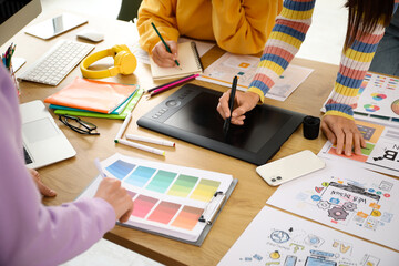 Poster - Team of graphic designers working with tablet at table in office, closeup