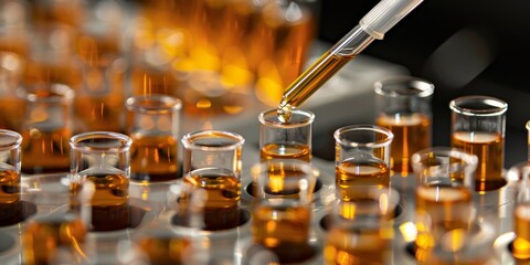 Wall Mural - Scientist using a pipette to add a drop of yellow liquid to a series of test tubes, with a detailed lab background