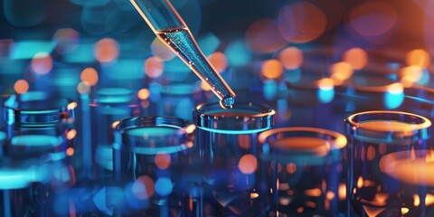 Leinwandbilder - Scientist using a pipette to add a drop of blue liquid to a series of test tubes, with a detailed lab background