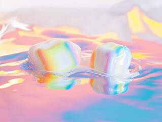 close-up of melted distorted colorful bright rainbow marshmallow cubes on white background with reflection of  soft fluffy tasty marshmallow