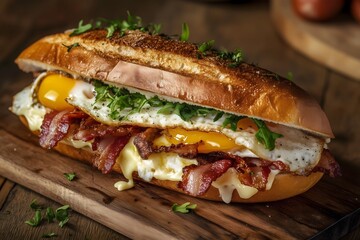 Wall Mural - A breakfast sandwich in a toasted hoagie roll served on a wooden cutting board