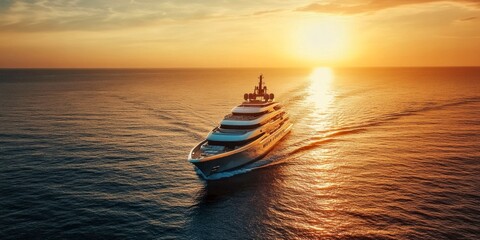 Wall Mural - A luxury yacht sails across the shimmering ocean at sunset. The golden sun paints the sky in warm colors. Perfect for travel, lifestyle, and adventure themes. AI