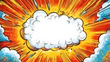 A large white comic book explosion with yellow and red rays