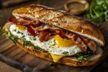 Wall Mural - A breakfast sandwich with fried eggs, bacon and melted cheese in a hoagie roll