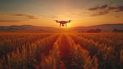 Aufkleber - A drone hovers above a vast wheat field as the sun sets, casting a warm glow across the landscape, highlighting the beauty of agriculture.