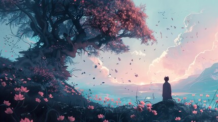 Fantasy Landscape with Magical Tree and Pink Flowers at Sunset