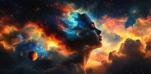 Wall Mural - A silhouette of a woman with her head in profile, featuring a vibrant galaxy flowing through her hair against a dark backdrop