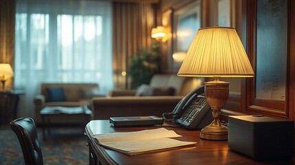 Wall Mural - A desk lamp illuminates a wooden desk with a phone, an open notebook, and a book, in a hotel room with a couch and a window in the background.