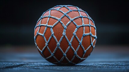 A close-up of a brown basketball with a blue net around it sitting on a black surface.