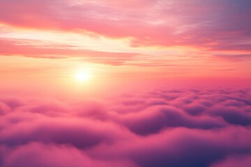 Serene sunrise over fluffy clouds, painted in soft pink and purple hues.