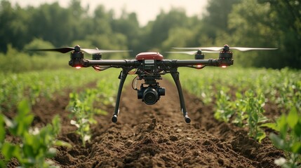 Poster - A drone hovers over a green crop field, capturing data on plant growth and health under bright sunlight, showcasing modern farming technology.