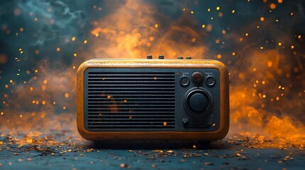 Vintage radio with smoke and fire effects in the background.