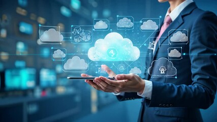 Poster - A business professional engages with cloud technology, showcasing digital transformations and innovations in a sleek corporate setting, emphasizing connectivity and growth.
