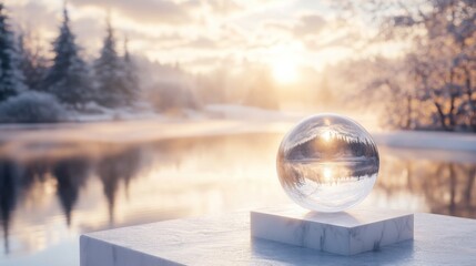 Poster - A crystal ball placed on a pedestal captures the warm hues of a winter sunset, reflecting the serene lake and snow-covered evergreen trees along the shore as the day comes to an end.