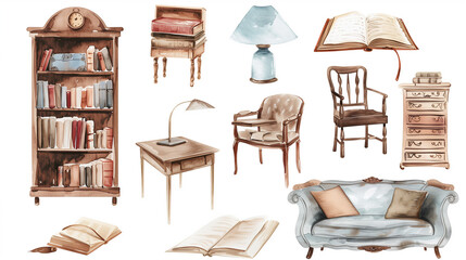 Wall Mural - Watercolor set in brown color of antique interior items - lamp, armchair, sofa, book, table, bookcase.