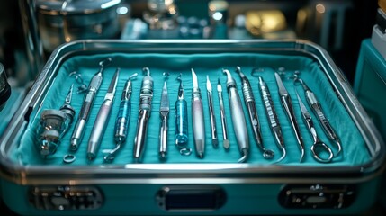 Aufkleber - A collection of dental tools is displayed in a metal tray, featuring a variety of instruments, all arranged methodically on bright blue fabric in a clinical environment.