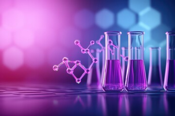 Colorful laboratory scene with test tubes and molecular structure on a vibrant background.