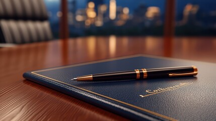 Elegant pen resting on a leather notebook in a modern office setting with a city skyline in the background.