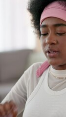 Aufkleber - Laptop, remote work and stress with black woman in living room of home for anxiety or burnout. Computer, face or fatigue and entrepreneur person with neck pain in apartment for online assignment