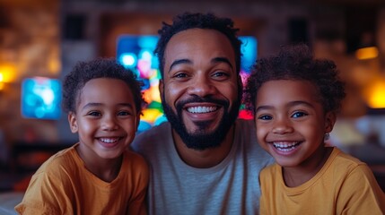 Wall Mural - A father enjoys a heartwarming moment with his two joyful children in a warm living room. Their smiles illuminate the cozy atmosphere as they share a delightful evening together.