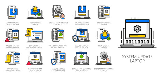 Poster - Color maintenance and update software app line icons. Vector computer, mobile phone and laptop system upgrade, new application download progress bars and install status gears outline symbols set