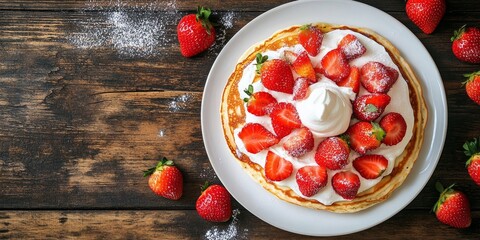 Wall Mural - Deliciously stacked pancakes topped with fresh strawberries and whipped cream. A tempting dessert perfect for brunch or special occasions. Enjoy the sweet flavors. AI