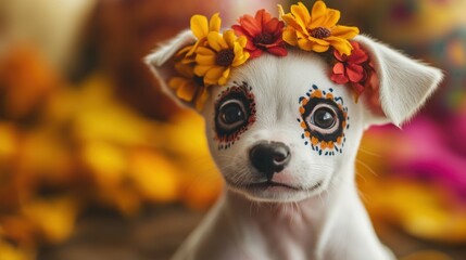 A charming puppy wears a flower wreath and has sugar skull face paint bringing life to the Dia de los Muertos decorations around it showcasing vibrant colors and joyful spirit