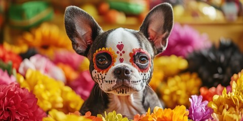 A charming puppy decorated with colorful sugar skull face paint sits among bright flowers capturing the spirit of Dia de los Muertos celebrations with an inviting and festive atmosphere