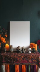 This mock-up showcases a minimalist altar frame for Dia de los Muertos with a blank center ready for personalization surrounded by marigolds candles and decorative skulls