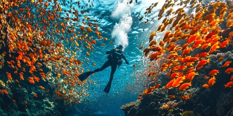 Poster - A diver explores a vibrant underwater world filled with colorful fish and coral. The bright colors create an enchanting scene. This image captures the beauty of marine life. AI