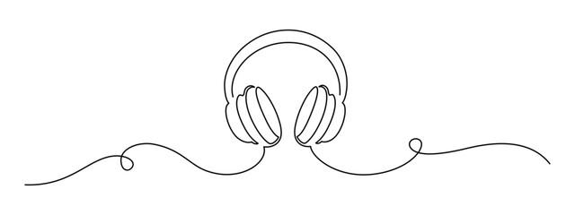 Wall Mural - One continuous line drawing of musical notes and headphones. Minimalistic web banner and modern logo of sound and music school in simple linear style. Editable stroke. Doodle vector illustration