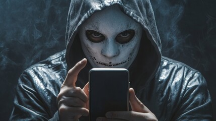 Masked Hacker Making a Call - Mysterious man in a white mask, black hoodie, holding a smartphone, isolated on a dark background. Perfect for concepts of cybercrime, hacking, and online fraud.