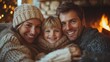 © Prostock-studio - A happy family sits close together by a crackling fireplace, sharing joyful smiles. They are bundled in warm sweaters, radiating warmth and love on a winter evening.