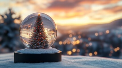 Aufkleber - The snow globe features a beautifully lit Christmas tree against a twilight backdrop.