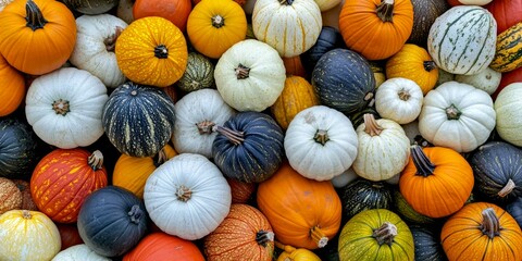 Sticker - A vibrant collection of pumpkins in various colors and sizes. This image captures the essence of autumn harvest. Perfect for seasonal decoration or culinary inspiration. AI