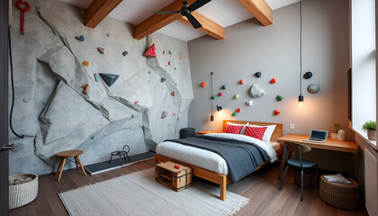 Luxury room with nordic hostel vibe featuring rock climbing wall, perfect retreat for avid climbers