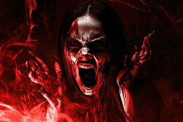 Wall Mural - Girl ghost woman death with blood the horror is screaming darkness and nightmare dark background, Scary fear on hell is monster devil in halloween festival - generative ai