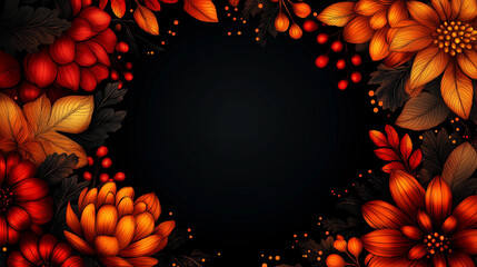 Decorative thanksgiving floral border with vibrant red and orange flowers and autumn leaves, dark background, fall-themed holiday design, festive nature elements and copy space