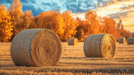 Autumn hay bale in a field with golden trees and blue sky, thanksgiving harvest scene, rural countryside landscape, peaceful and rustic farm atmosphere, copy space