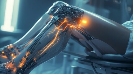 Poster - A close-up shot of a futuristic robotic leg with glowing wires, sitting in a medical chair. The leg is made of metal and appears to be part of a cyborg.