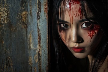 Wall Mural - Portrait of asian woman make up ghost face with blood,Horror scene,Scary background,Halloween poster,Thailand people,Ghost movies poster - generative ai