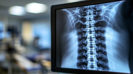 Aufkleber - A detailed X-ray shows the structure of a human spine, highlighting vertebrae and discs. The image is displayed on a monitor in a medical facility, suggesting professional examination.