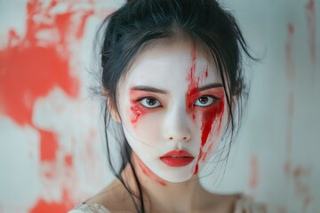 Wall Mural - Portrait of asian woman make up ghost face with blood,Horror scene,Scary background,Halloween poster,Thailand people,Ghost movies poster - generative ai