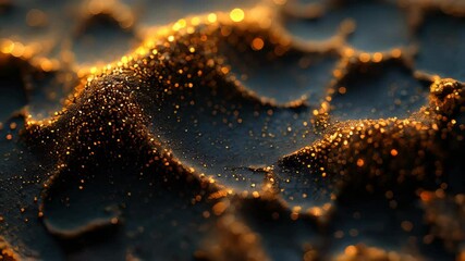 Poster - Explore the mesmerizing movement of golden particles as they ripple and flow over a dark backdrop, creating an enchanting visual experience that captivates the senses.