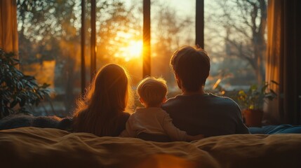 Poster - A family of three sits together on a comfortable couch, watching a beautiful sunset through large windows, surrounded by soft lighting and greenery.