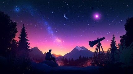 Wall Mural - a person stargazing with a telescope under a vibrant night sky filled with stars and a colorful suns