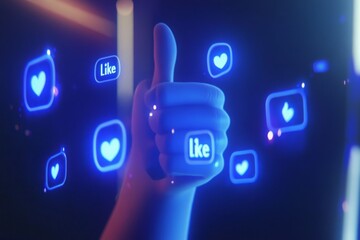 Poster - Neon Thumbs Up and Like Icons in Digital Light